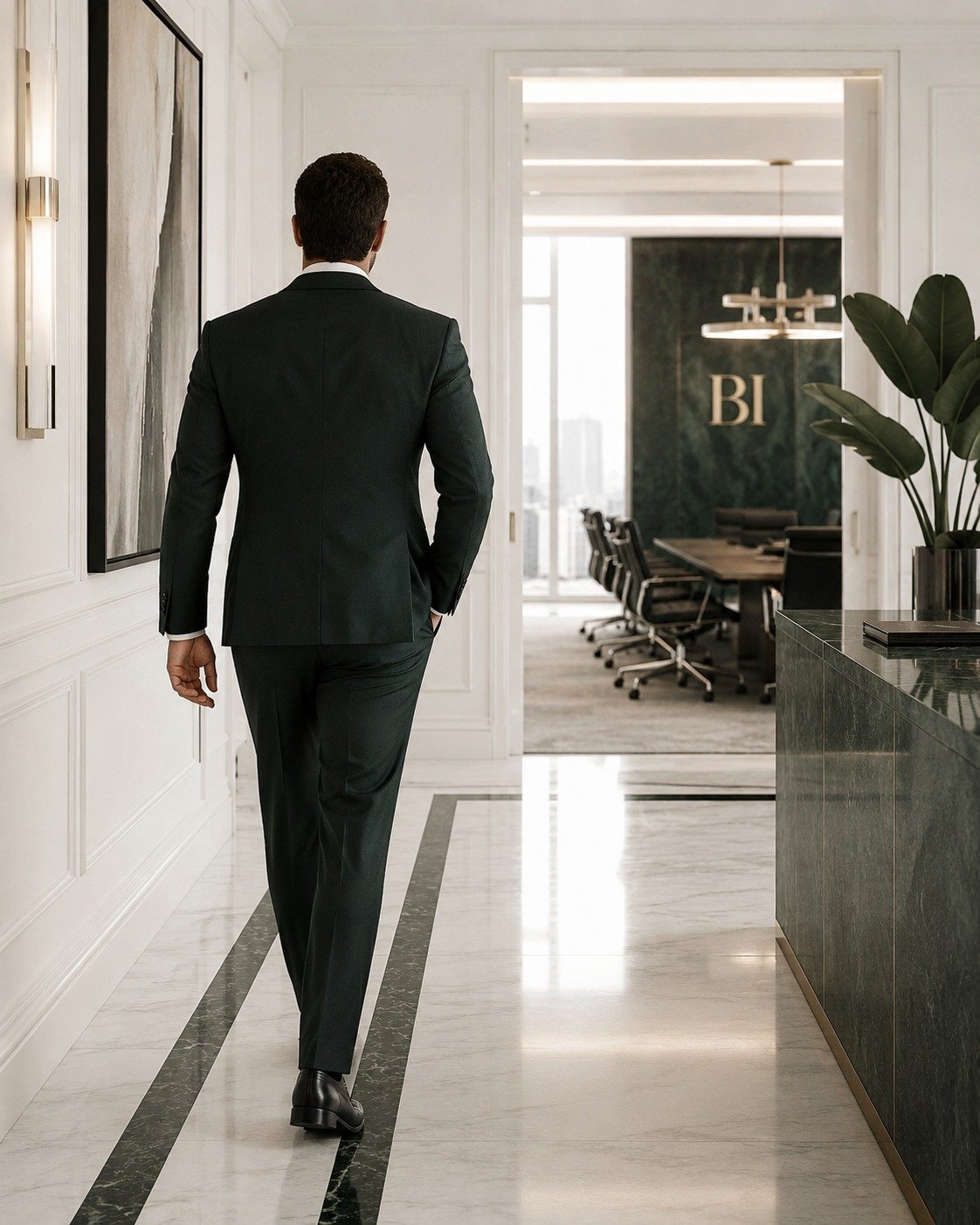 Faceless executive walking into a luxury boardroom representing Bill Ilkov business leadership
