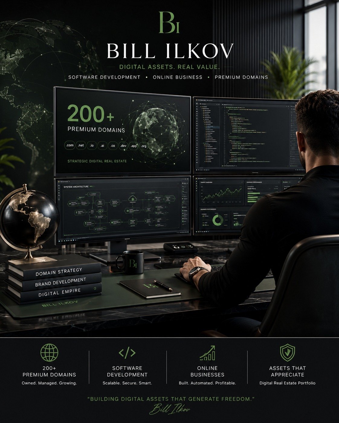 Bill Ilkov software development and digital assets workstation with code screens