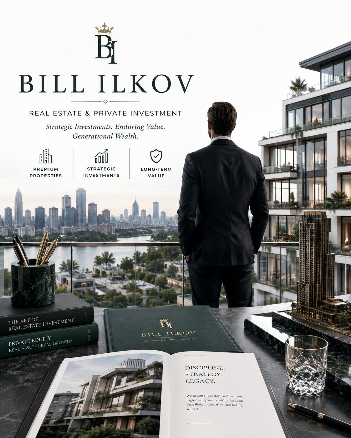 Faceless executive overlooking properties and city skyline representing Bill Ilkov investment experience